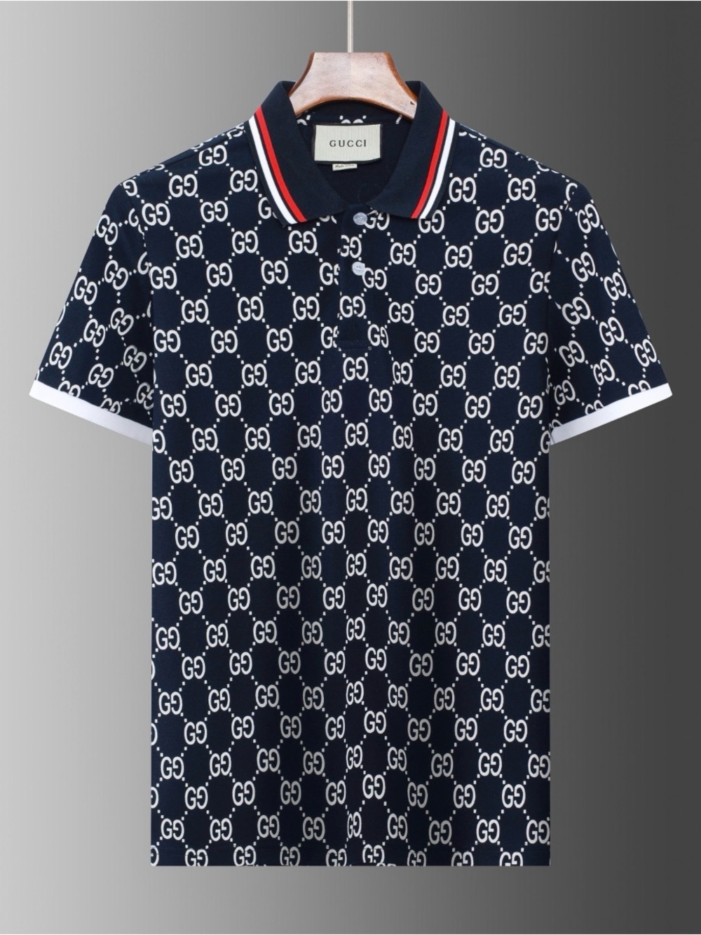 Gucci Navy Blue Monogram Polo with Red-Trim Collar